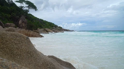 Seychelles beach with ocean waves Stock Footage 129405500