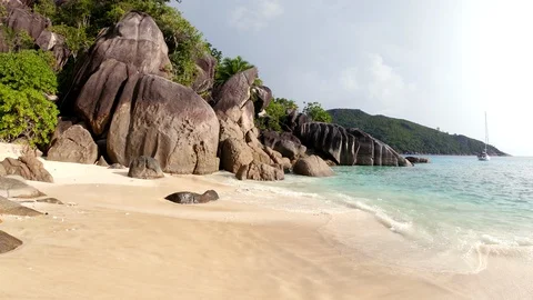 Seychelles beach with ocean waves Stock Footage 129408044