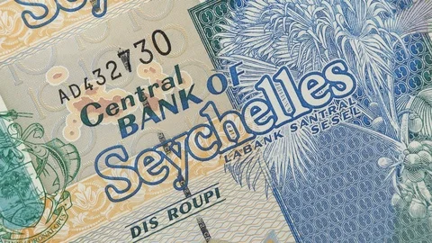 Seychelles currency rupee notes rotating. Seychellois money Video stock 104682652