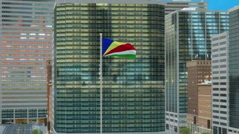 Seychelles Flag 3D Render Animation on Pole with Modern Business District Bu Video stock 332878027