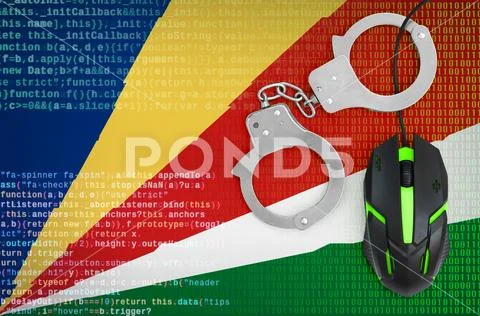 Seychelles flag and handcuffed computer mouse. Combating computer crime, hac Stock Photos