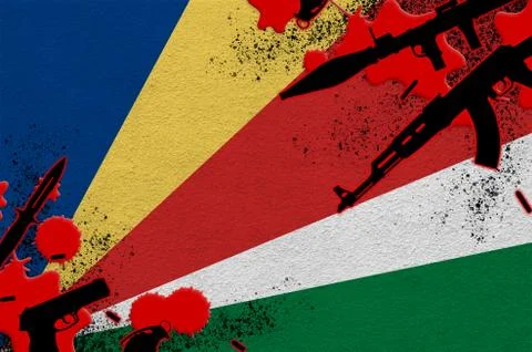 Seychelles flag and various weapons in red blood. Concept for terror attack a Stock Illustration