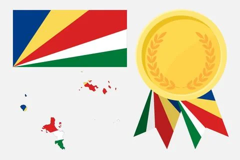 Seychelles flag with map and gold medal in set for web and banners or app a.. Stock Illustration