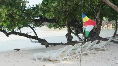 Seychelles flag waving on white sand beach near sun loungers, tropical scene Stock Footage 331505828