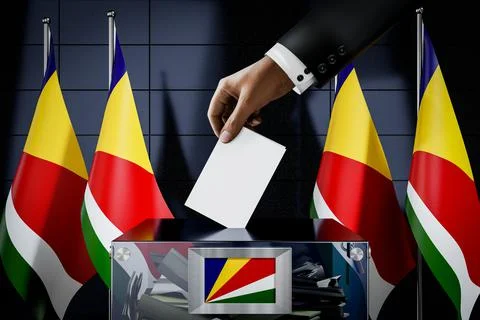 Seychelles flags, hand dropping ballot card into a box Stock Illustration