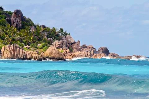 Seychelles, La Digue Island, Rocky coast at Anse Cocos beach Stock Photos