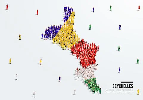 Seychelles Map and Flag. A large group of people in the Seychelles flag color Stock Illustration