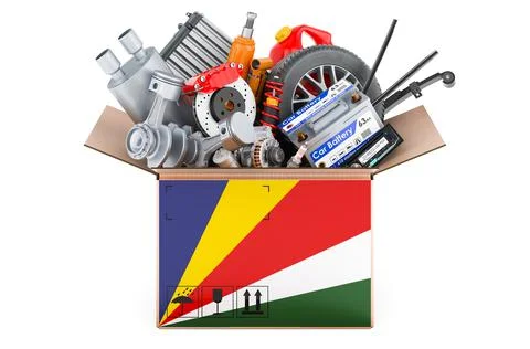 Seychelloise flag painted on the parcel with car parts. 3D rendering Stock Illustration
