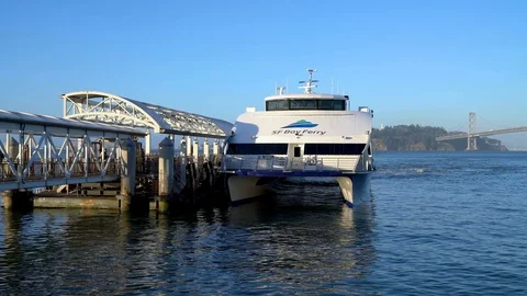 SF Bay Ferry, a high-speed catamaran ferry at Port of San Francisco Terminal Stock Footage 128206744