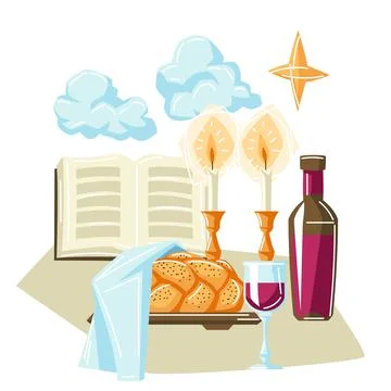Shabbat Shalom background with religious objects. Background with Jewish symbols Stock Illustration