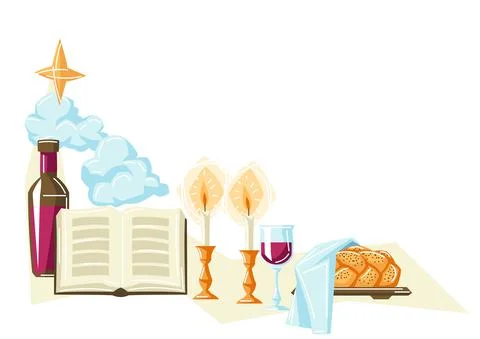 Shabbat Shalom background with religious objects. Background with Jewish symbols Stock Illustration