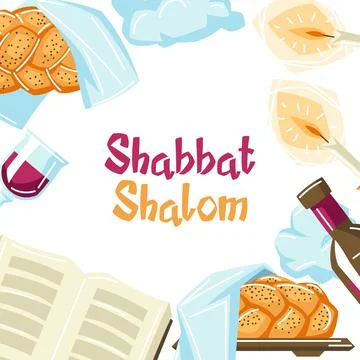 Shabbat Shalom frame with religious objects. Background with Jewish symbols Stock Illustration