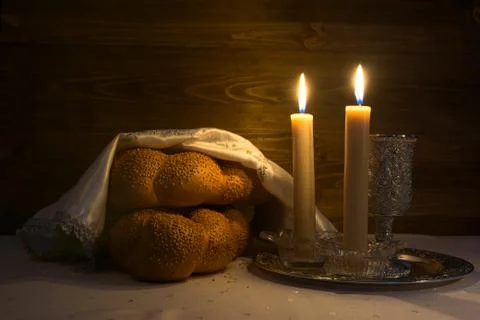 Shabbat Shalom - wine, challah and candles Stock Photos