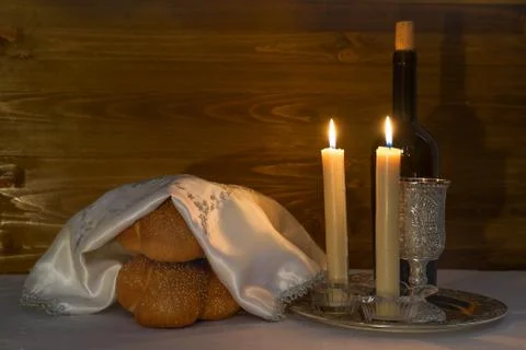 Shabbat Shalom - wine, challah and candles Stock Photos
