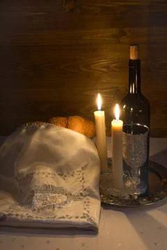 Shabbat Shalom - wine, challah and candles Stock Photos