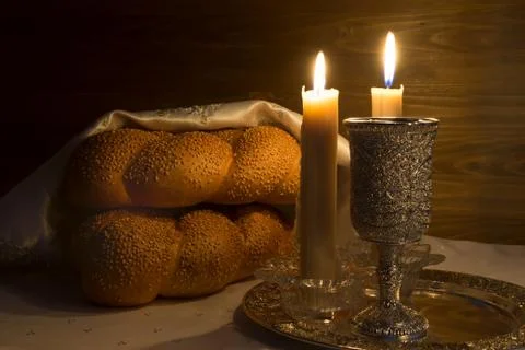 Shabbat Shalom - wine, challah and candles Stock Photos