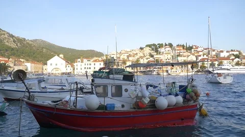 Shabby boat in harbour Video stock 79657931