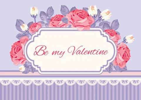 Shabby chic background, roses with Be my Valentine sample text in vintage frame Stock Illustration