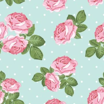 Shabby chic rose seamless pattern on polka dot background Stock Illustration