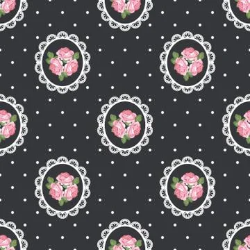 Shabby chic rose seamless pattern on black polka dot background Stock Illustration