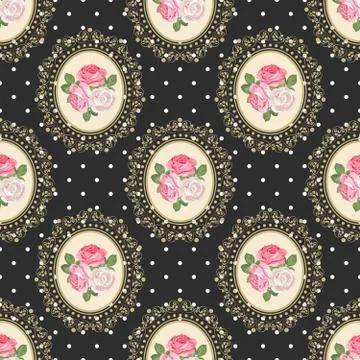 Shabby chic rose seamless pattern on black polka dot background Stock Illustration