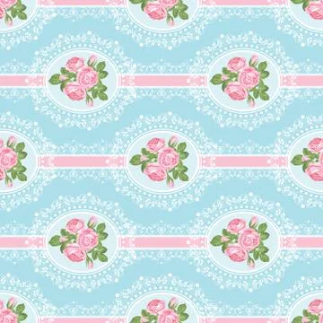 Shabby chic rose seamless pattern on blue background Stock Illustration