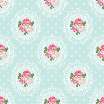 Shabby chic rose seamless pattern on polka dot background Stock Illustration