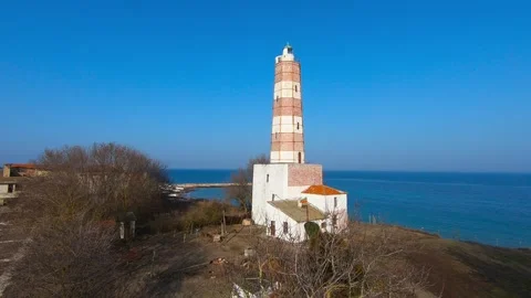 Shabla Lighthouse Drone Fly-Through in Winter, 2019 Stock Footage 322785902