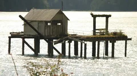 Shack on stilts above water Stock Footage