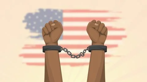 Shackled hands in front of American flag Ilustración de archivo