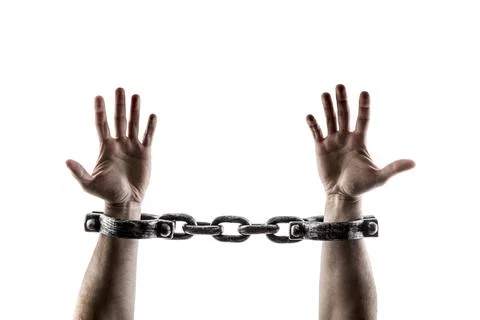 Shackled hands isolated on white background with clipping path Stock Photos