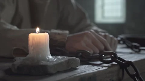 Shackled prisoner pulling iron chains near a burning candle, tracking shot 스톡 동영상 339232812