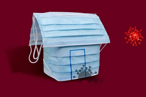Shade of Corona Virus 3D render on a paper house covered with surgical Mask. Stock Illustration