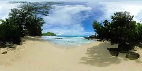 Shaded beach path leading to turquoise waves. Mahe, Seychelles. Stock Footage 311149461