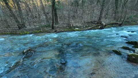 Shaded Forest River Flowing Upstream Between Hills – Sunny Autumn Video stock 330951193