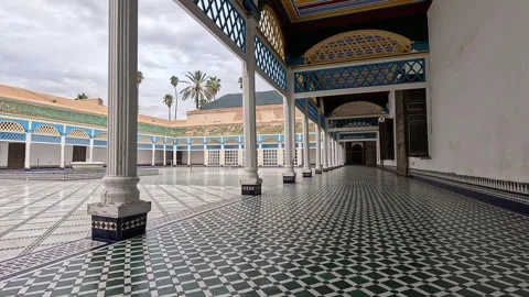 Shaded gallery and chequered tile walkway, Grand Courtyard, Bahia Palace, Stock Footage 344534052