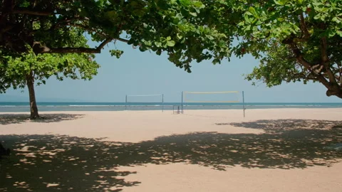 Shaded trees above quiet beach , Sunar Beach, Bali Stockbeeldmateriaal 336515035