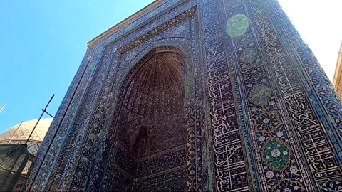 Shadi Mulk Aka mausoleum facade with blue mosaic tiles in Samarkand Stock Footage 336679238