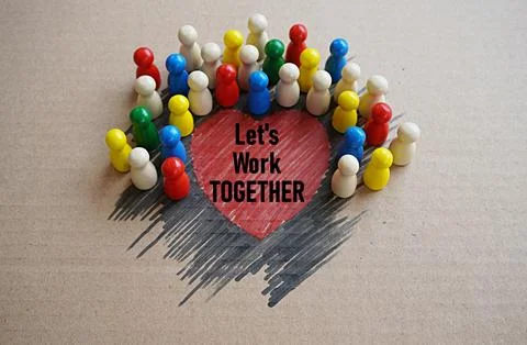 Shading a heart shape with the words, lets work together and colored figures Foto stock