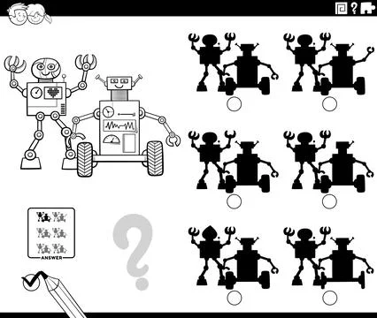 Shadow activity with cartoon robots coloring page Stock Illustration