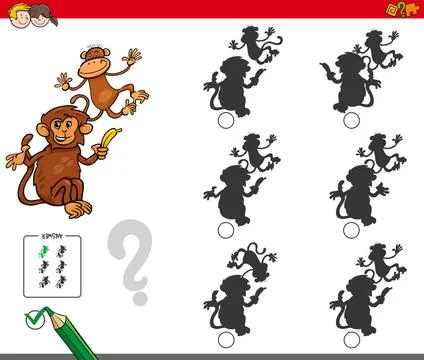Shadow activity game with cartoon monkeys Cartoon Illustration of Finding ... Foto stock
