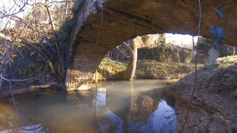 In the shadow of the bridge looking the sunbathed river Stock Footage 103573125
