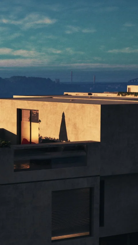 Shadow of a building on a rooftop during sunset over a city landscape Stock Footage 342185617
