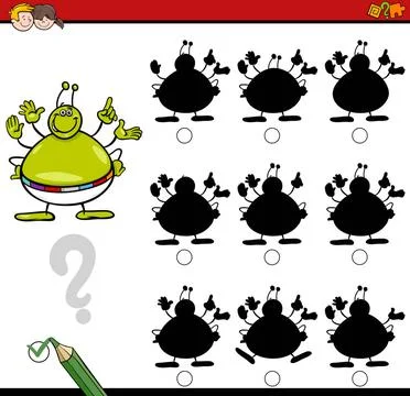Shadow differences game with alien Cartoon Illustration of Find the Shadow... Stock Photos