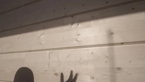 The shadow of the foreman on the wall. The building is made of wooden beams. The Video stock 106627867