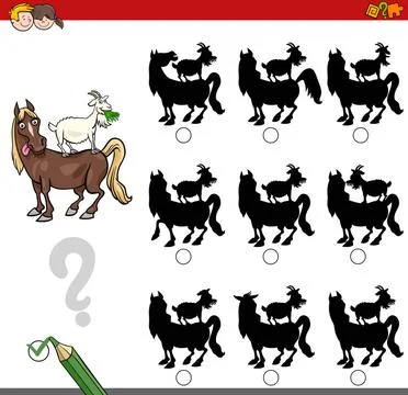 Shadow game activity with farm animals Cartoon Illustration of Finding the... Foto stock
