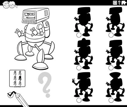 Shadow game with cartoon robot character coloring page Stock Illustration