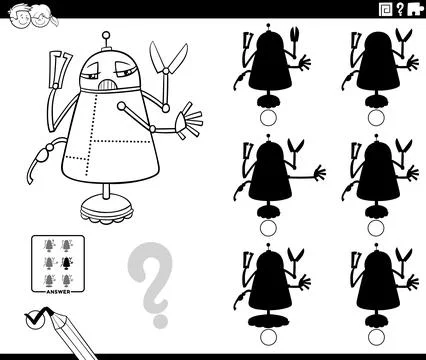 Shadow game with cartoon robot character coloring page Stock Illustration
