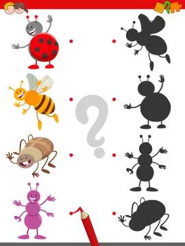 Shadow game with cute insects characters Ilustração Stock