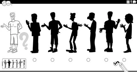 Shadow game puzzle with cartoon boy character coloring page Stock Illustration